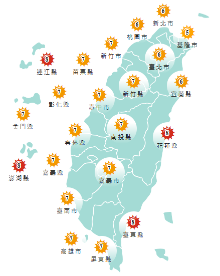 氣象署發布各地紫外線指數預報概況。 圖：氣象署提供