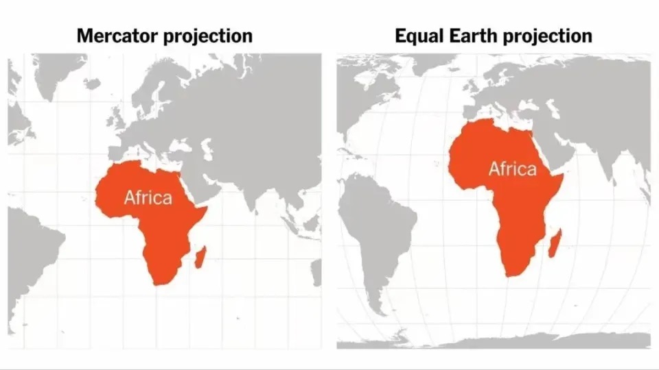 「平等地球投影」（ Equal Earth ）世界地圖呈現真實陸地比例，替代已沿用 457 年的傳統麥卡托投影（ Mercator projection ）。 圖：翻攝自央視