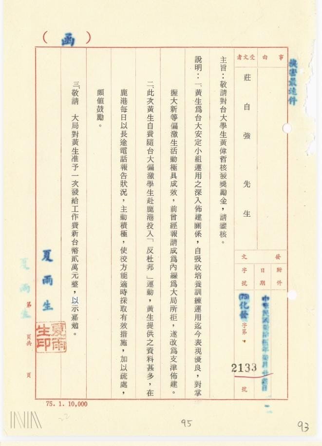 教育部函文調查局請給予黃偉哲二萬元獎金 圖：檔案局「佈建綜合卷案」