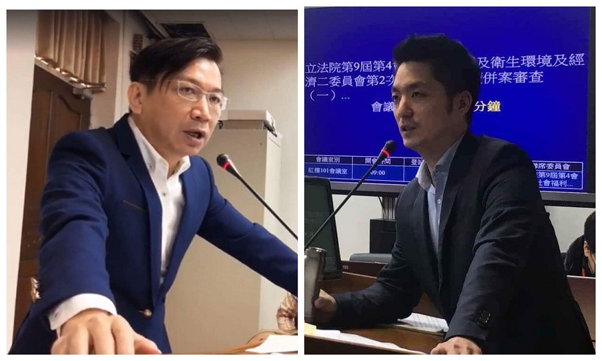 徐永明 (左)、蔣萬安兩人都是站著佔議事台，阻擋「彈性一例一休勞基法修正案」，而稱「站」神! 圖 : 新頭殼合成