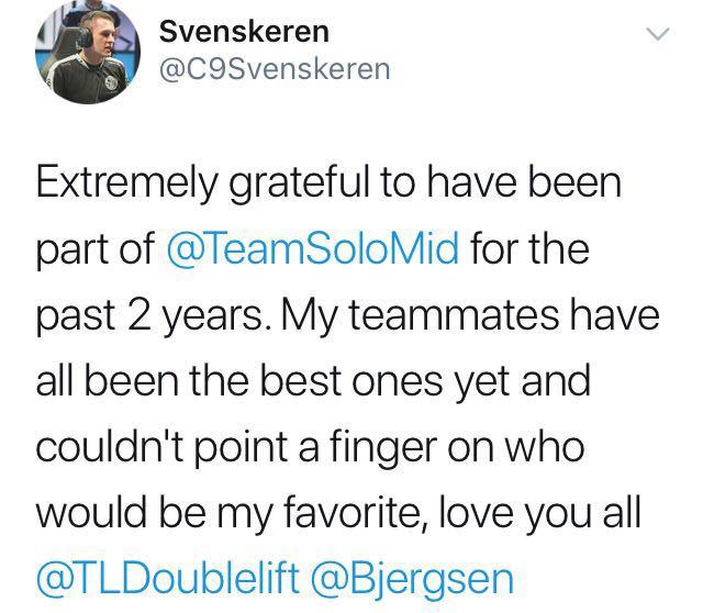 Svenskeren在推特向TSM的老隊友深情告白，並標記了TSM的其餘四名隊友Doublelift、Hauntzer、Bjergsen、Biofrost。 圖：翻攝自Svenskeren推特