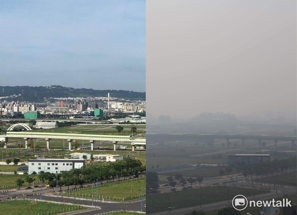 台灣中南部今日空汙嚴重，台中市也發起紅色警戒，相較於日前的藍天白雲，今日天空呈現灰濛濛一片。 圖：張美惠/攝影