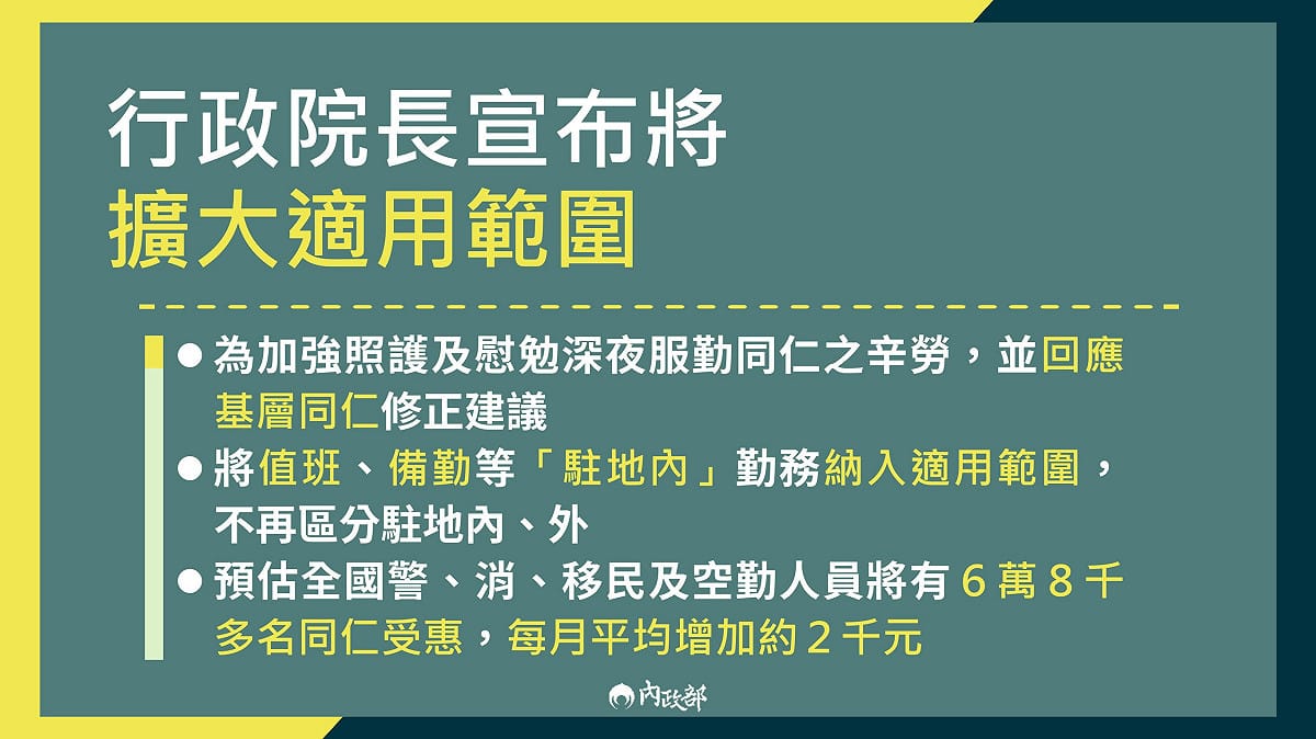 行政院將擴大深夜危勞津貼的適用範圍。 圖：內政部提供