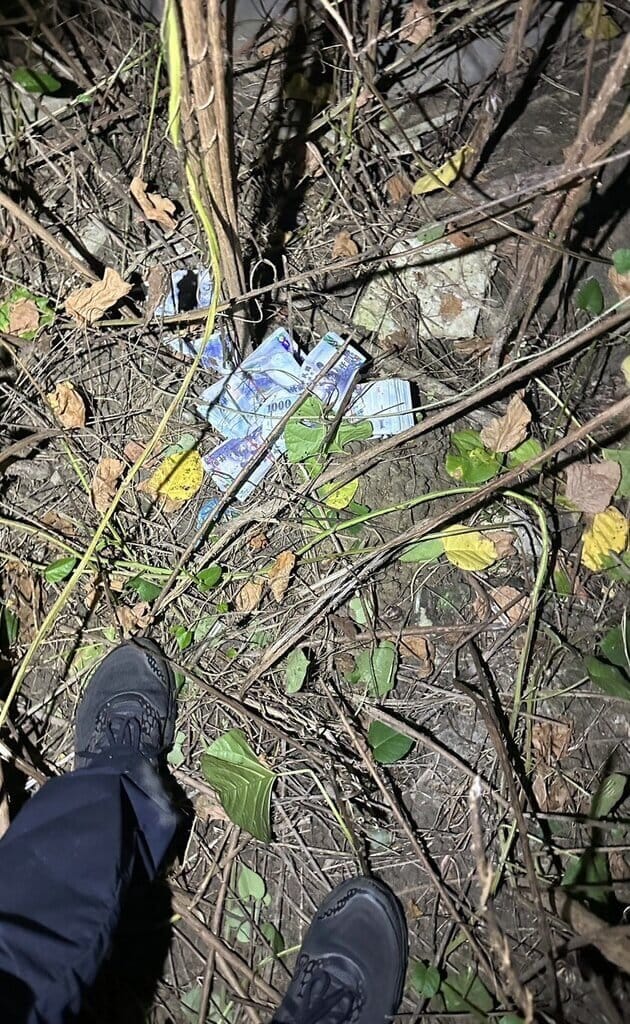 詐團車手謝男12日深夜在嘉義市準備將贓款26萬元交給收水手謝男，警發現攔查，2人駕車衝入草叢後棄車躲藏，因遭警包圍且害怕被蛇咬被逮。警在車旁發現現金贓款。（警方提供）中央社記者黃國芳傳真　115年9月13日