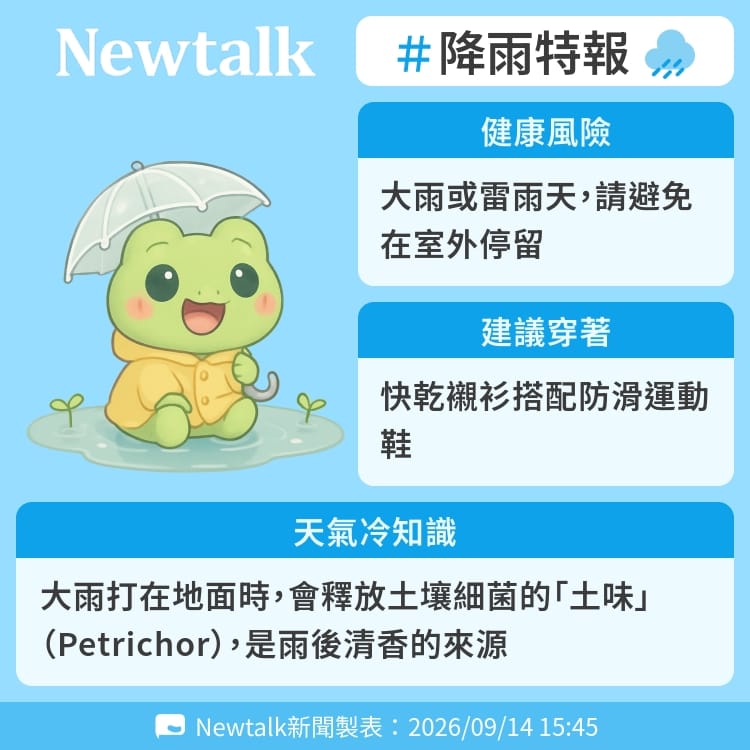 大雨打在地面時，會釋放土壤細菌的「土味」（Petrichor），是雨後清香的來源 圖：Newtalk製表