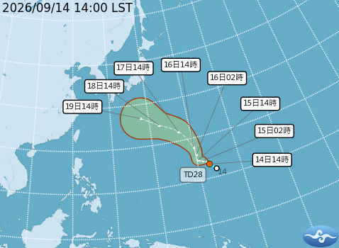 熱帶性低氣壓TD28預估明天白天增強為「杜鵑」颱風，週末抵達日本南方海面，強度挑戰中颱，不過距離台灣較遠，無直接影響。 圖：氣象署／提供