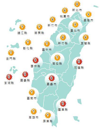 氣象署發布各地紫外線指數預報概況。 圖：氣象署提供