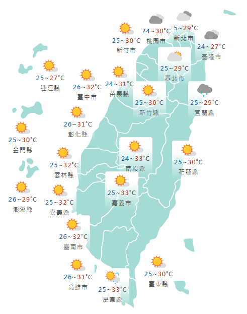 氣象署公布各地天氣預報概況。 圖：氣象署提供