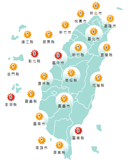 氣象署發布各地紫外線指數預報概況。 圖：氣象署提供