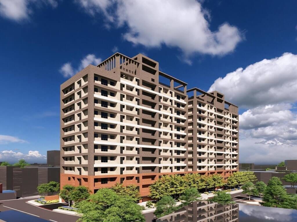 中央投資約新台幣13.5億元興建苗栗縣第2處社會住宅「啟賢安居」16日動土，建築規模為2棟地上13層、地下2層，共256戶，預計118年竣工。圖為完工模擬圖。（國家住都中心提供）中央社記者管瑞平傳真　115年9月16日
