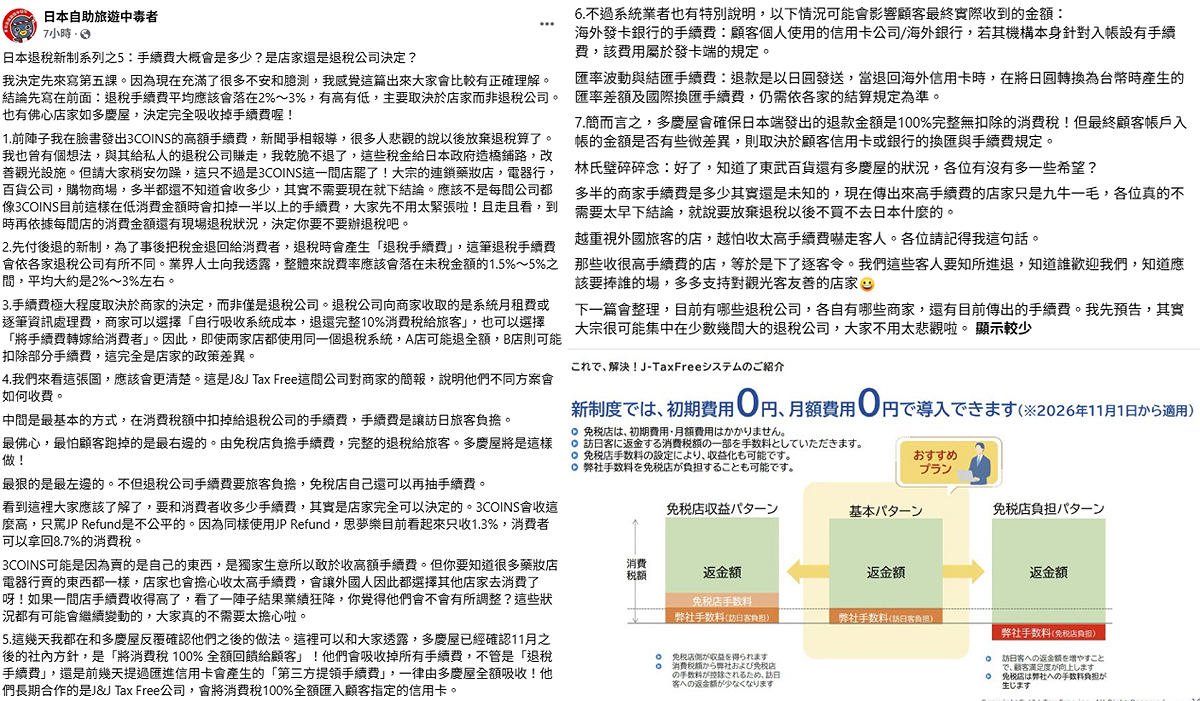 旅日達人林氏璧表示，先付後退的新制，為了事後把稅金退回給消費者，退稅時會產生「退稅手續費」，而這筆退稅手續費會依各家退稅公司有所不同。 圖：取自日本自助旅遊中毒者