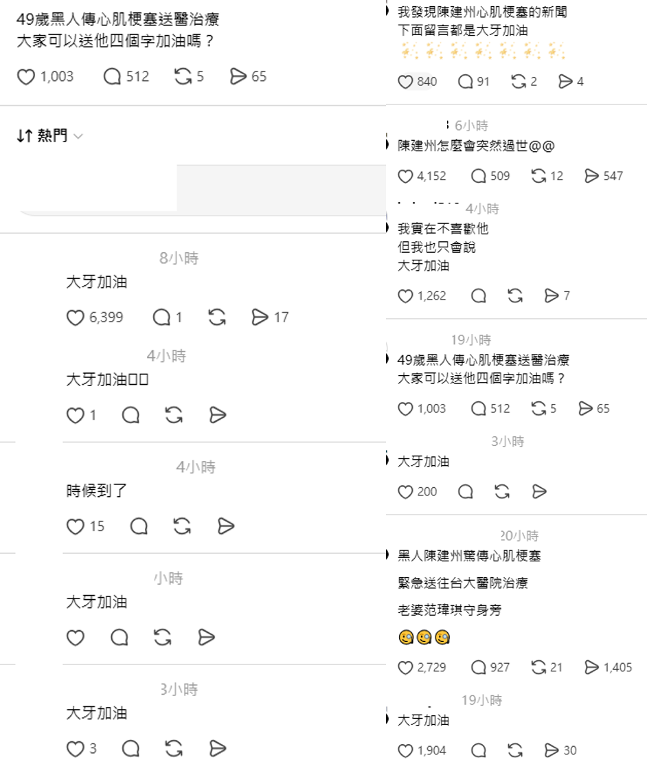 隨著陳建州昨(15)日傍晚傳出急性心肌梗塞，讓過去的MeToo爭議再度被討論，網友紛紛在相關貼文留言「大牙加油」洗版。 圖：取自Threads
