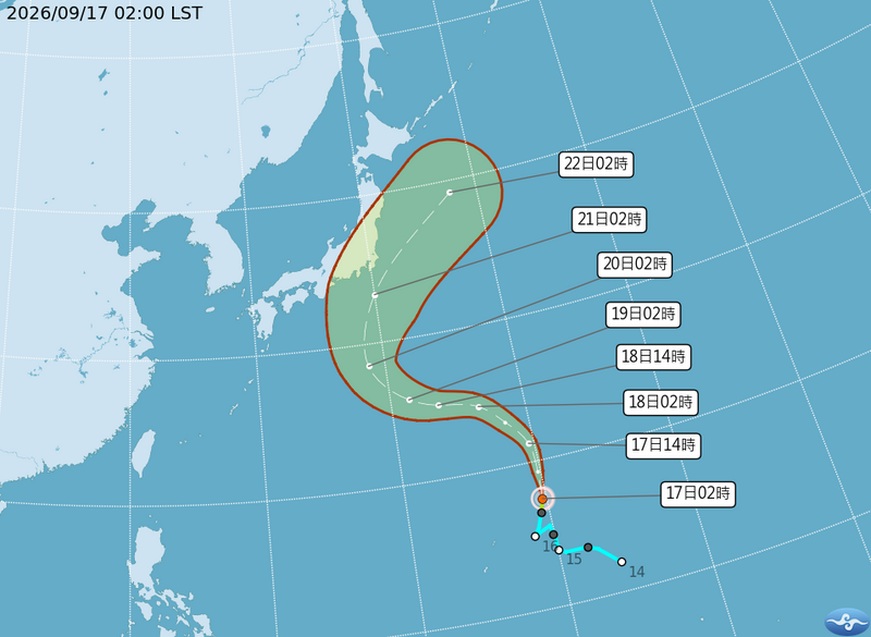 氣象署指出，杜鵑颱風今天凌晨2點位於鵝鑾鼻東方3060公里處，將往日本南方海面移動，對台灣無直接影響。 圖：氣象署提供