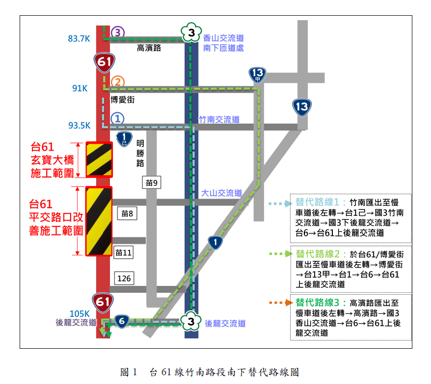 台61線竹南路段南下替代路線圖。 圖：交通部公路局／提供