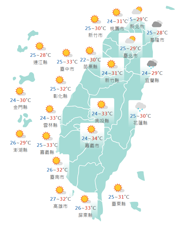 氣象署公布各地天氣預報概況。 圖：氣象署提供