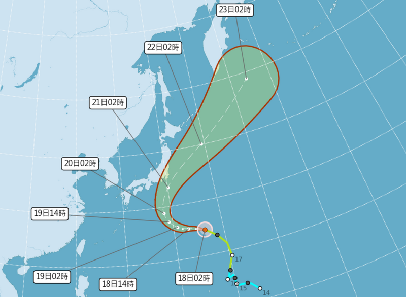 杜鵑颱風凌晨2點位於台北東方2490公里處，未來將往日本南方海面移動，對台灣天氣無直接影響。 圖：氣象署提供