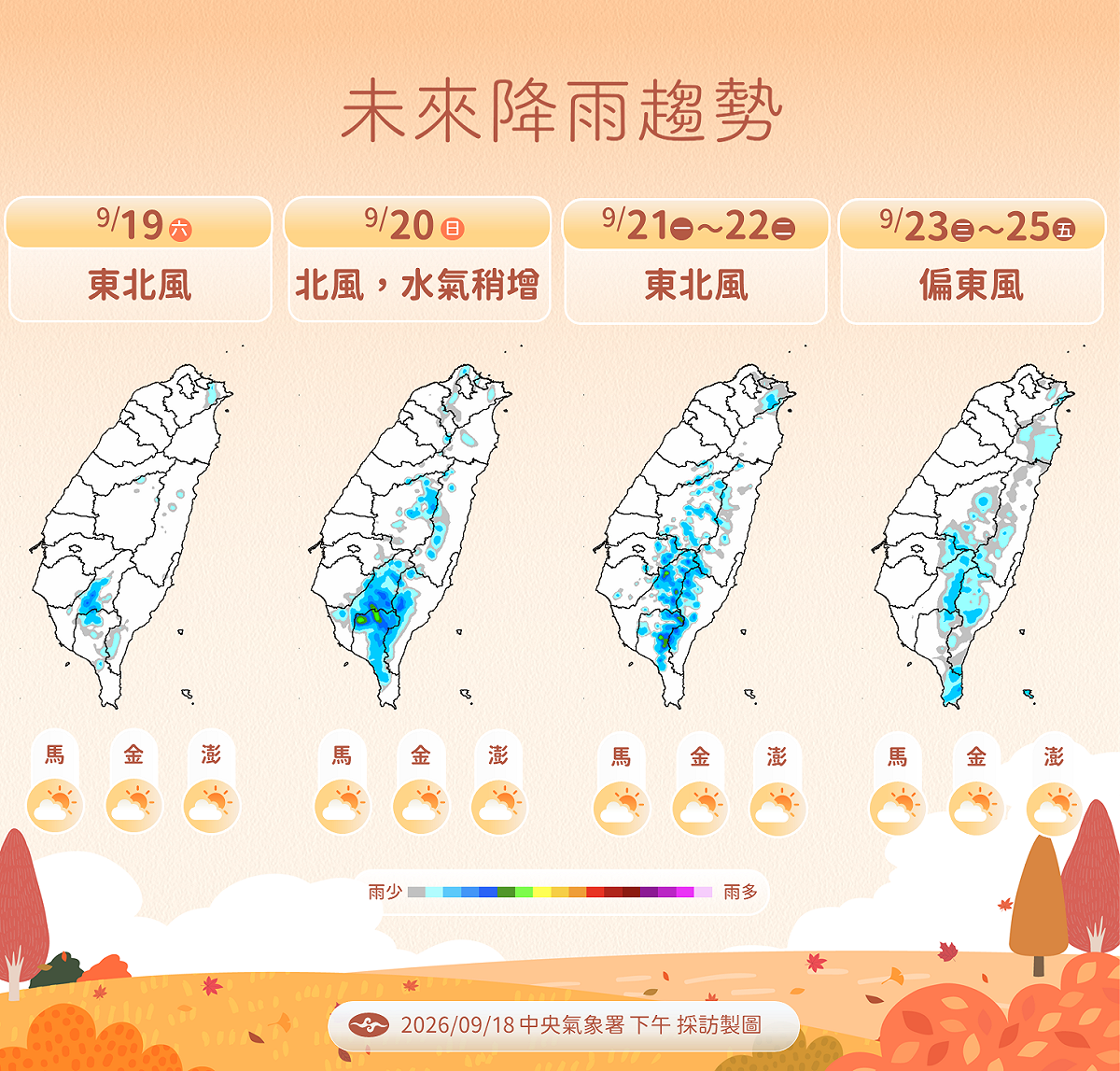 氣象署指出，19日起風向多次轉變，20日水氣增多，未來一週各地降雨分布也將隨之改變。 圖：氣象署／提供
