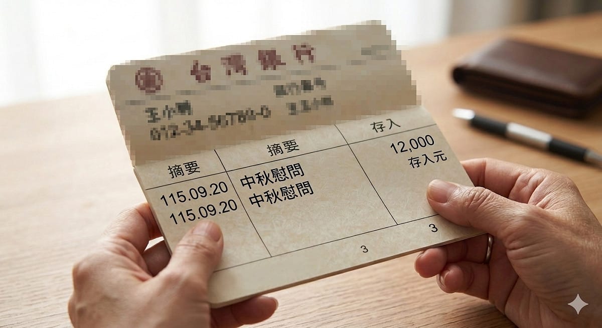 中秋節慰問金陸續入帳，民眾刷存摺時可留意「中秋慰問」等摘要字樣，並注意各縣市發放資格與時間皆有不同。(存摺示意圖) 圖：Gemini_AI生成 / 張芸朗製