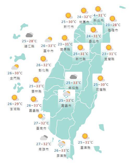 氣象署公布各地天氣預報概況。 圖：氣象署提供