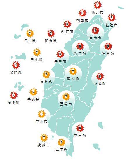 氣象署發布各地紫外線指數預報概況。 圖：氣象署提供