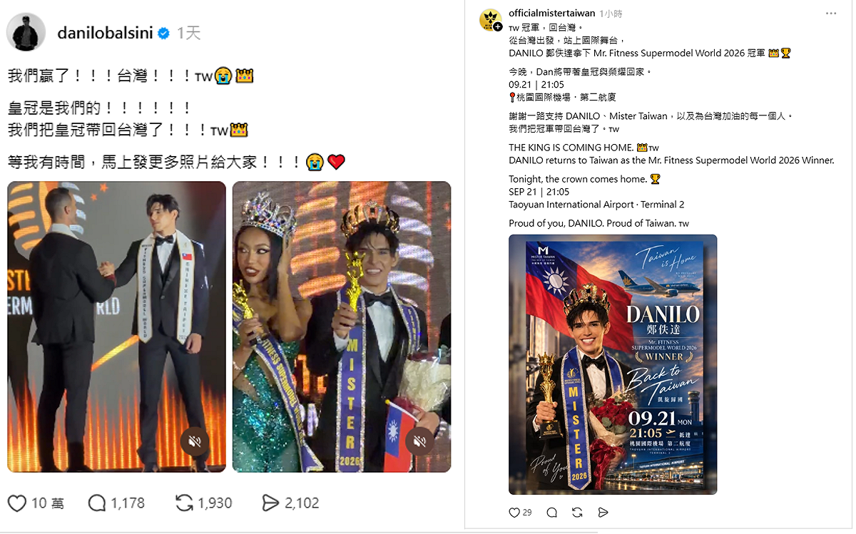 世界健身超級模特大賽結束後，鄭佚達第一時間也在Threads上激動分享，「我們把皇冠帶回台灣了！」。官方也宣布於今晚9時5分將帶著世界冠軍頭銜返台。 圖：取自鄭佚達、台灣先生官方帳號Threads