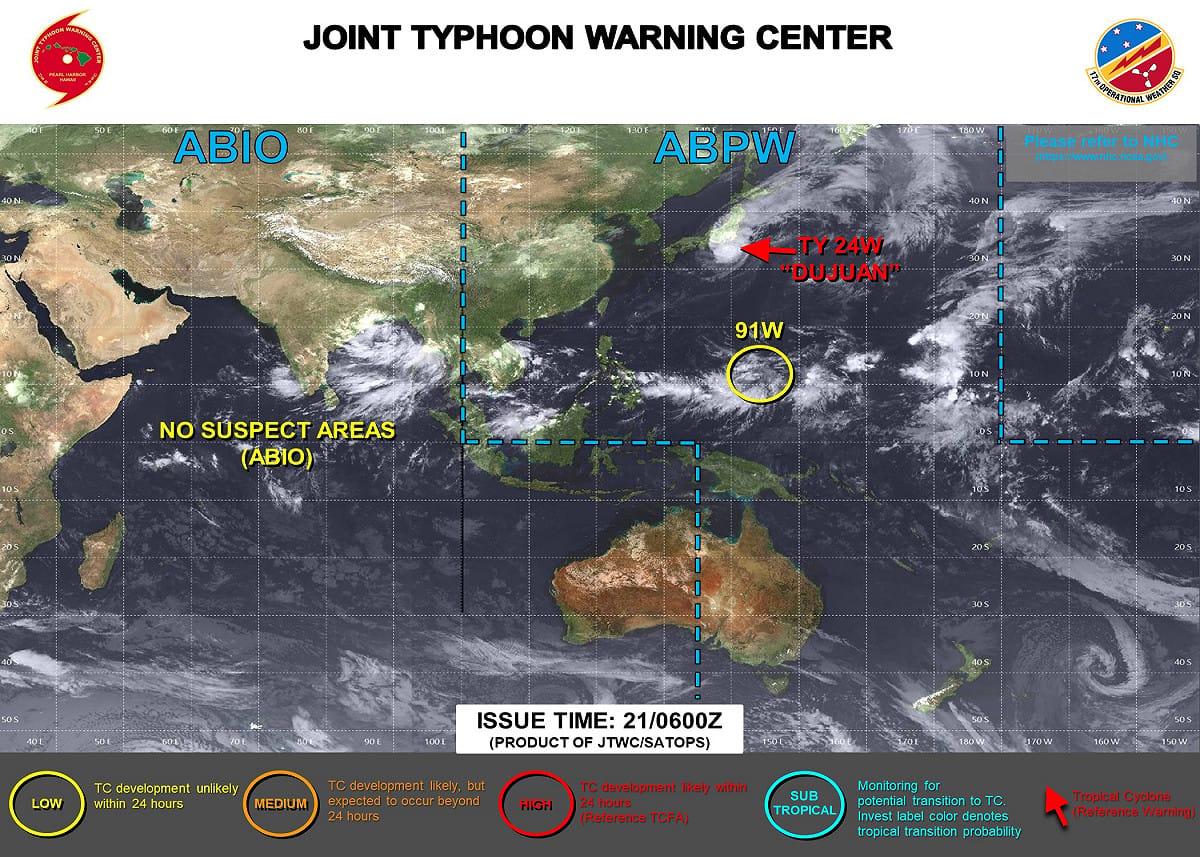 目前海面上有2個熱帶系統，分別為杜鵑颱風及熱帶擾動91W。 圖：取自JTWC