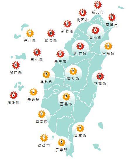 氣象署發布各地紫外線指數預報概況。 圖：氣象署提供