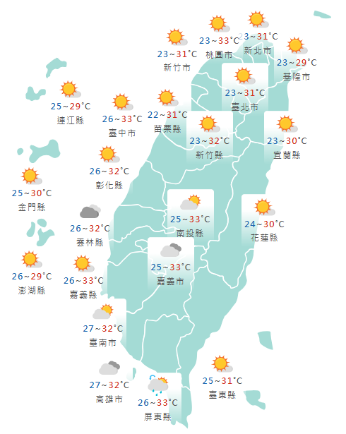 氣象署公布各地天氣預報概況。 圖：氣象署提供