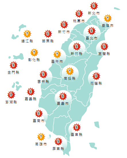 氣象署發布各地紫外線指數預報概況。 圖：氣象署提供