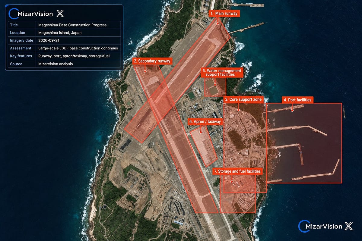 日本鹿兒島縣西之表市馬毛島自衛隊新基地建設最新高解析衛星影像。 圖：翻攝「X」@MizarVision