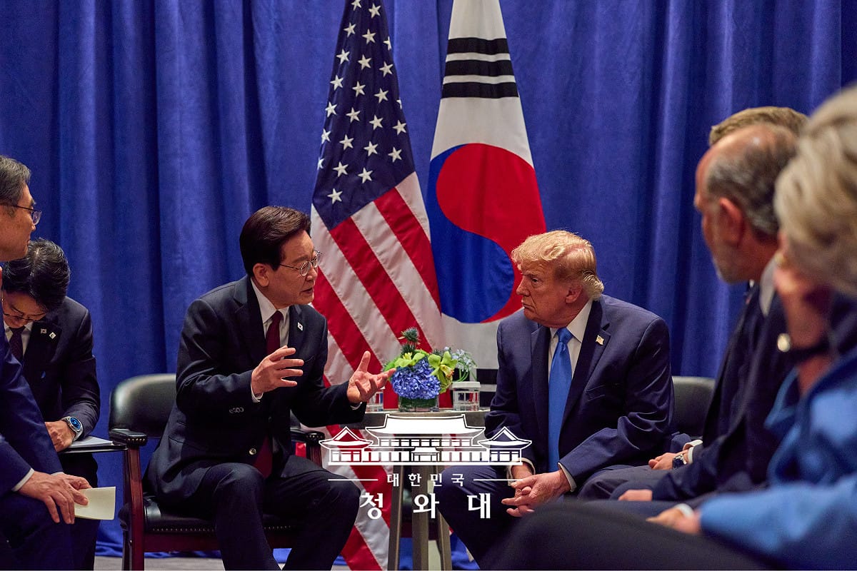 韓國總統李在明於當地時間22日與美國總統川普在紐約一家酒店進行30分鐘美韓領袖會晤。 圖：翻攝自@Jaemyung_Lee Ｘ