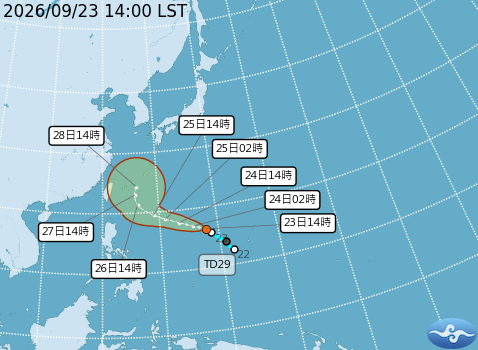 熱帶性低氣壓TD29，明(23)天成為舒力基颱風後持續增強，以中颱之姿來到台灣東方海面，預計收假日北部水氣將會增多，但推判發布颱風警報的機率較低。 圖：氣象署／提供