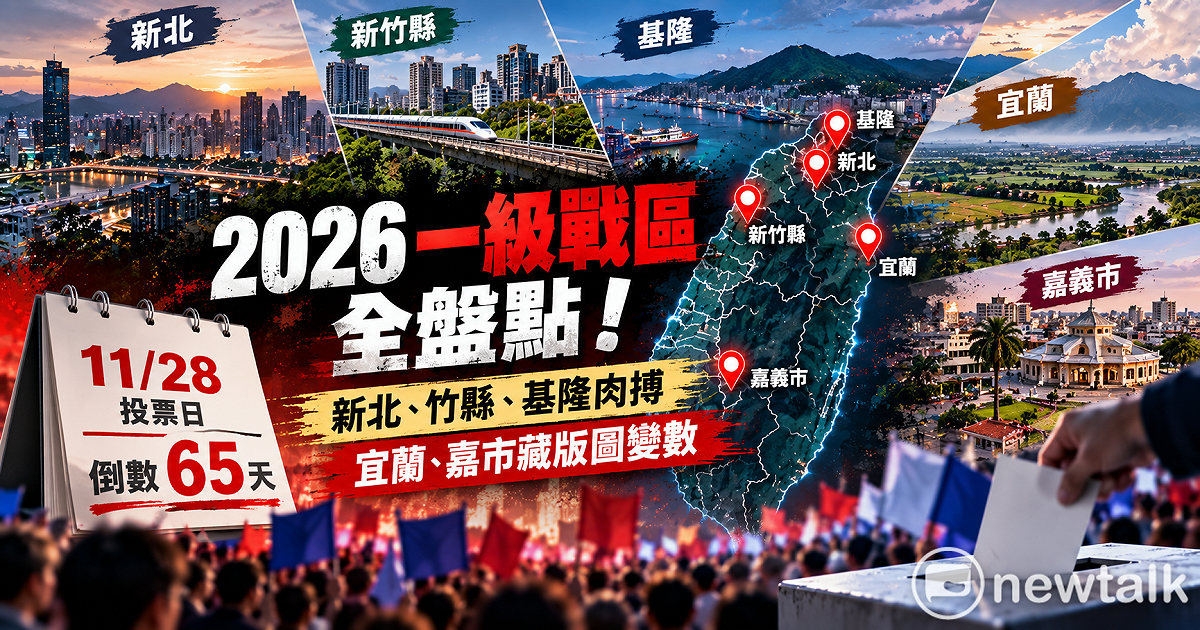 2026縣市長選舉倒數65天，新北、新竹縣、基隆、宜蘭、嘉義市等一級戰區逐漸浮現，基本盤、交棒效應與藍白選票流向，都可能成為最後兩個月牽動政治版圖的變數。 圖為AI生成示意圖（新頭殼製作）