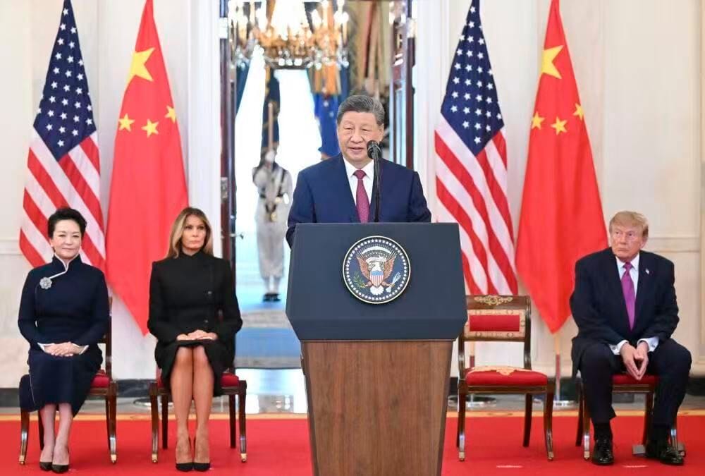 中國國家主席習近平時隔11年再次造訪白宮，在白宮發表談話。 圖：翻攝央視