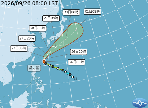 輕度颱風 「舒力基」 受到太平洋高壓減弱影響，未來預估將在台灣東方遠洋北轉朝東北方向朝日本南方海面移動，但因暴風半徑偏小且距離遙遠，侵台機率極低。 圖：翻攝自氣象署官網