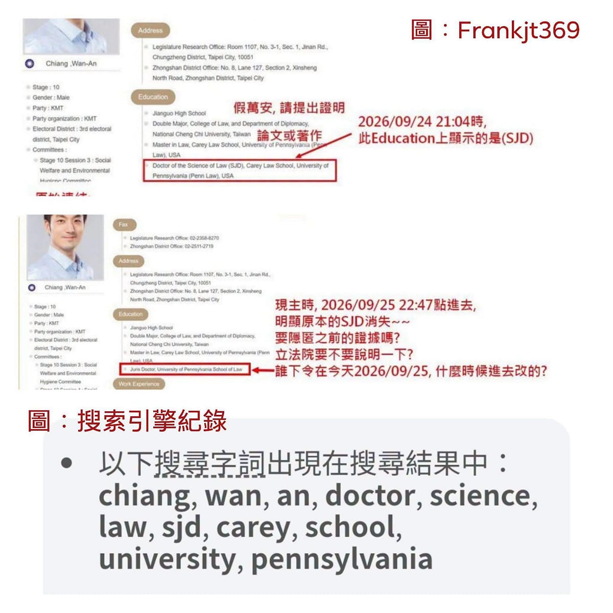 當搜尋「chiang, wan, an, doctor, science, law, sjd」等關鍵字時，搜尋結果的預覽文字依然殘留著舊版的SJD資料。 圖：翻攝自threads@frankjt369