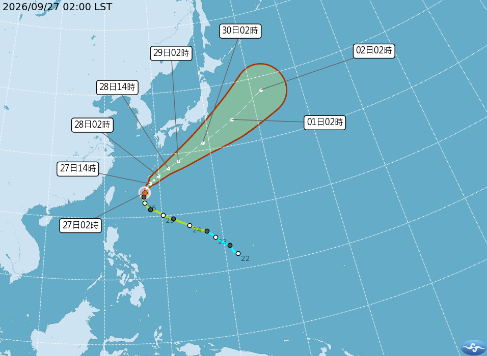 第25號颱風舒力基，目前位於日本那霸南方海域，逐漸向東北方遠離，對台灣天氣沒有直接影響。 圖/中央氣象署