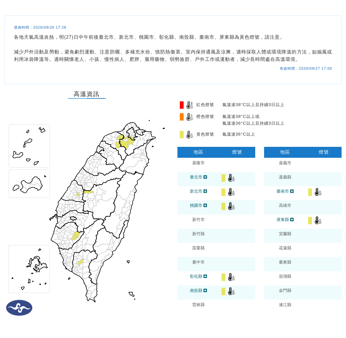 今天中午前後台北市、新北市、桃園市、彰化縣、南投縣、台南市、屏東縣為黃色燈號，請注意。 圖/中央氣象署