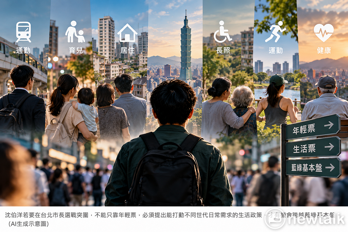 台北選民橫跨不同世代，「生活票」能否突破傳統藍綠界線，成為市長選戰觀察焦點。 AI生成示意圖（新頭殼製作）