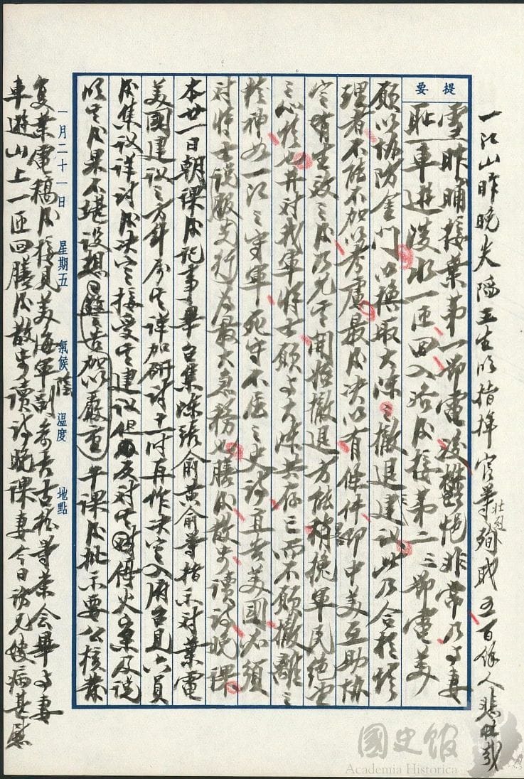 蔣中正日記原本民國44（1955）年1月21日之記事，美願以協防金門以換取大陳之撤退之建議。（典藏號：002-150101-00045-031） 圖：國史館提供