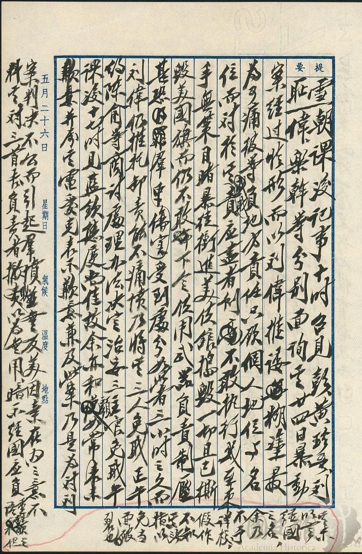 蔣中正日記原本民國46（1957）年5月26日之記事，美國大使藍欽對三首長負責者撤職以為無用，暗示蔣經國應負重責。（典藏號：002-150101-00047-206） 圖：國史館提供