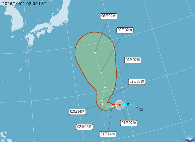 第26號颱風彩雲未來朝日本東南方海面前進的機率較高。 圖：氣象署提供
