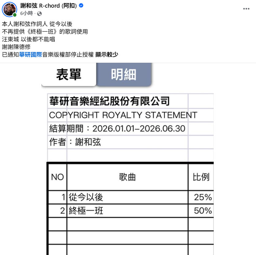 今日凌晨謝和弦再度發出公告，表示從今以後不再提供〈終極一班〉的歌詞使用，「汪東城以後都不能唱，謝謝陳德修」。 圖：翻攝自謝和弦FB