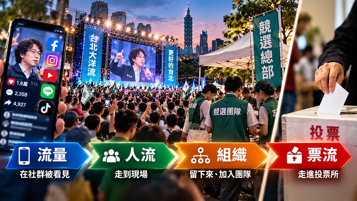 選戰拚的不只是誰聲量大，而是誰能讓網路流量走到街頭，再一路走進投票所。 圖：AI生成示意圖（新頭殼合成）
