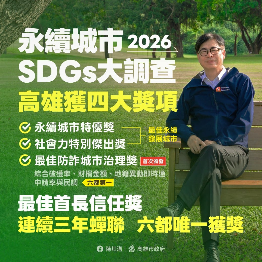 《今周刊》第七屆「永續城市SDGs大調查」，高雄市榮獲「永續城市特優獎」、「社會力特別傑出獎」及「最佳防詐城市治理獎」等肯定  《今周刊》提供