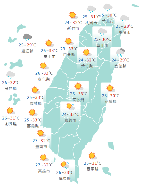 氣象署公布各地天氣預報概況。 圖：氣象署提供