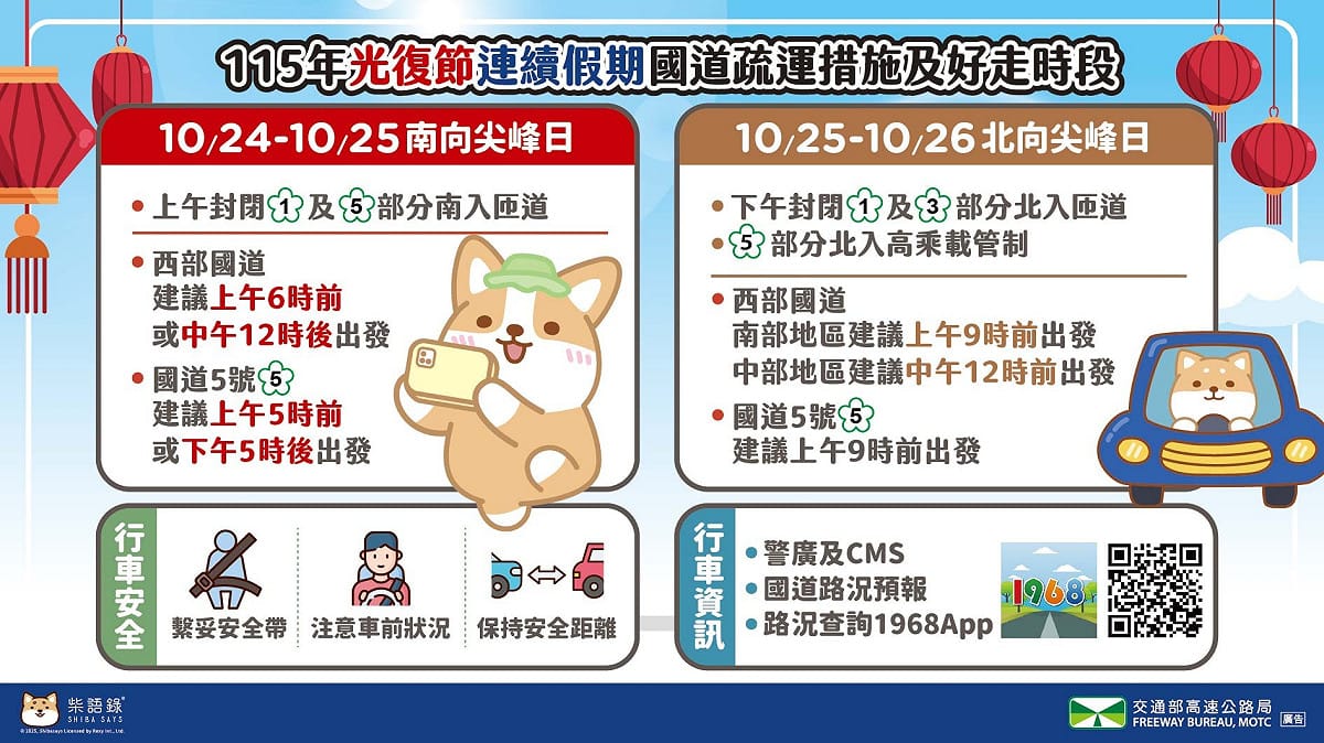 光復節連續假期國道疏運措施及好走時段。 圖：高速公路局／提供
