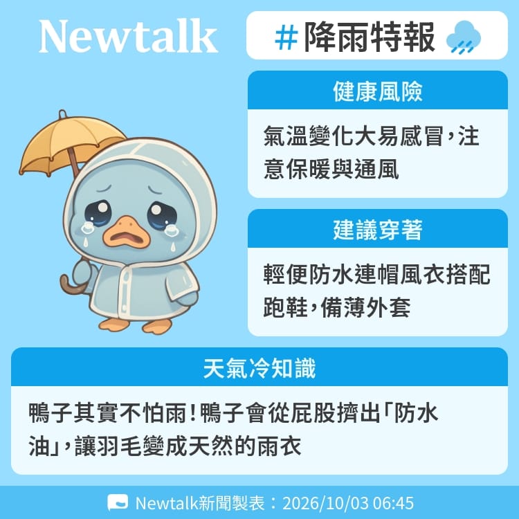 鴨子其實不怕雨！鴨子會從屁股擠出「防水油」，讓羽毛變成天然的雨衣 圖：Newtalk製表