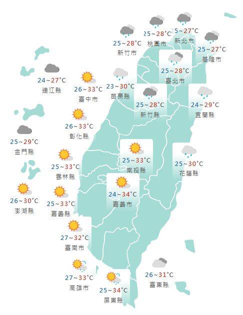 氣象署公布各地天氣預報概況。 圖：氣象署提供
