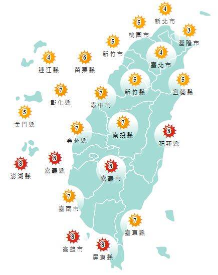 氣象署發布各地紫外線指數預報概況。 圖：氣象署提供